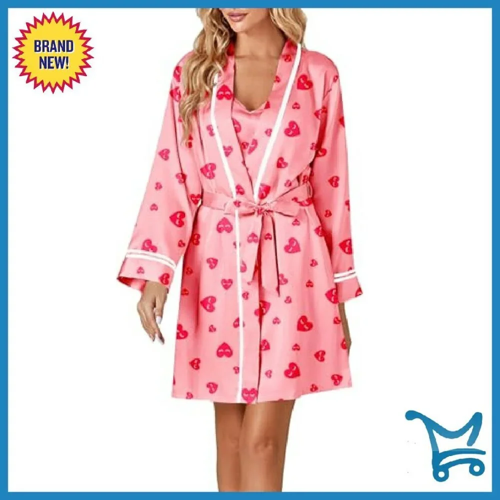 Satin Pajama Set with Robe - 3pc Sleepwear - Sizes XS-XXL